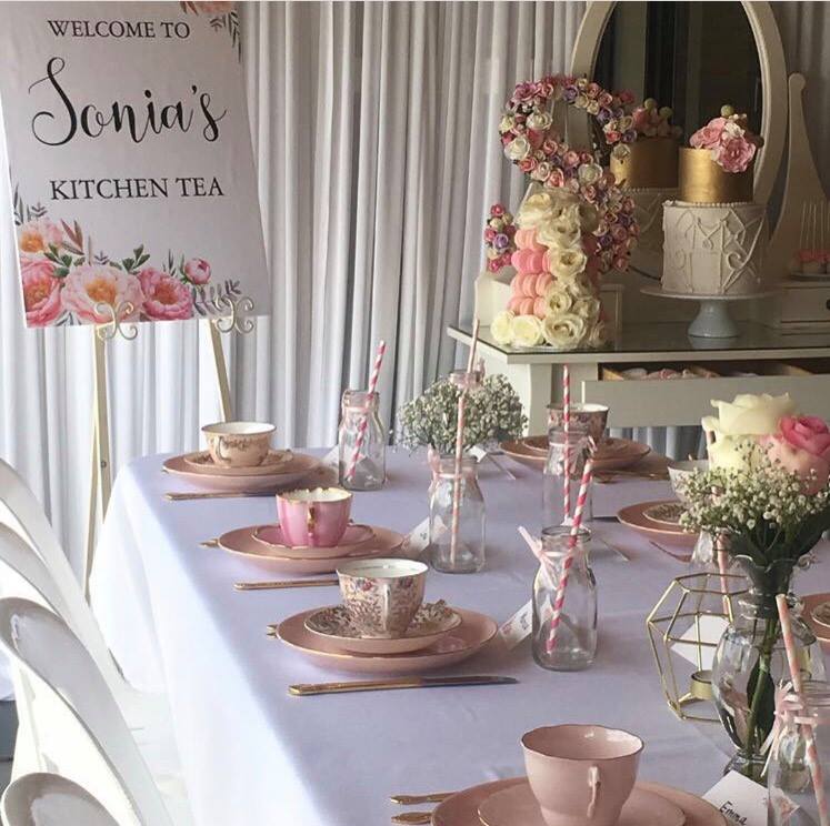 Sonia's Kitchen Tea for 60 guests with our pink and gold vintage tea sets and tableware