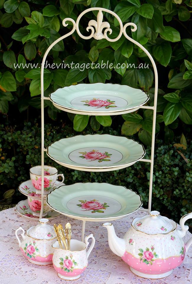 VINTAGE STYLE M & S MELAMINE  FLORAL PINK/BLUE MIX TWO TIERED TEA SET CAKE STAND 